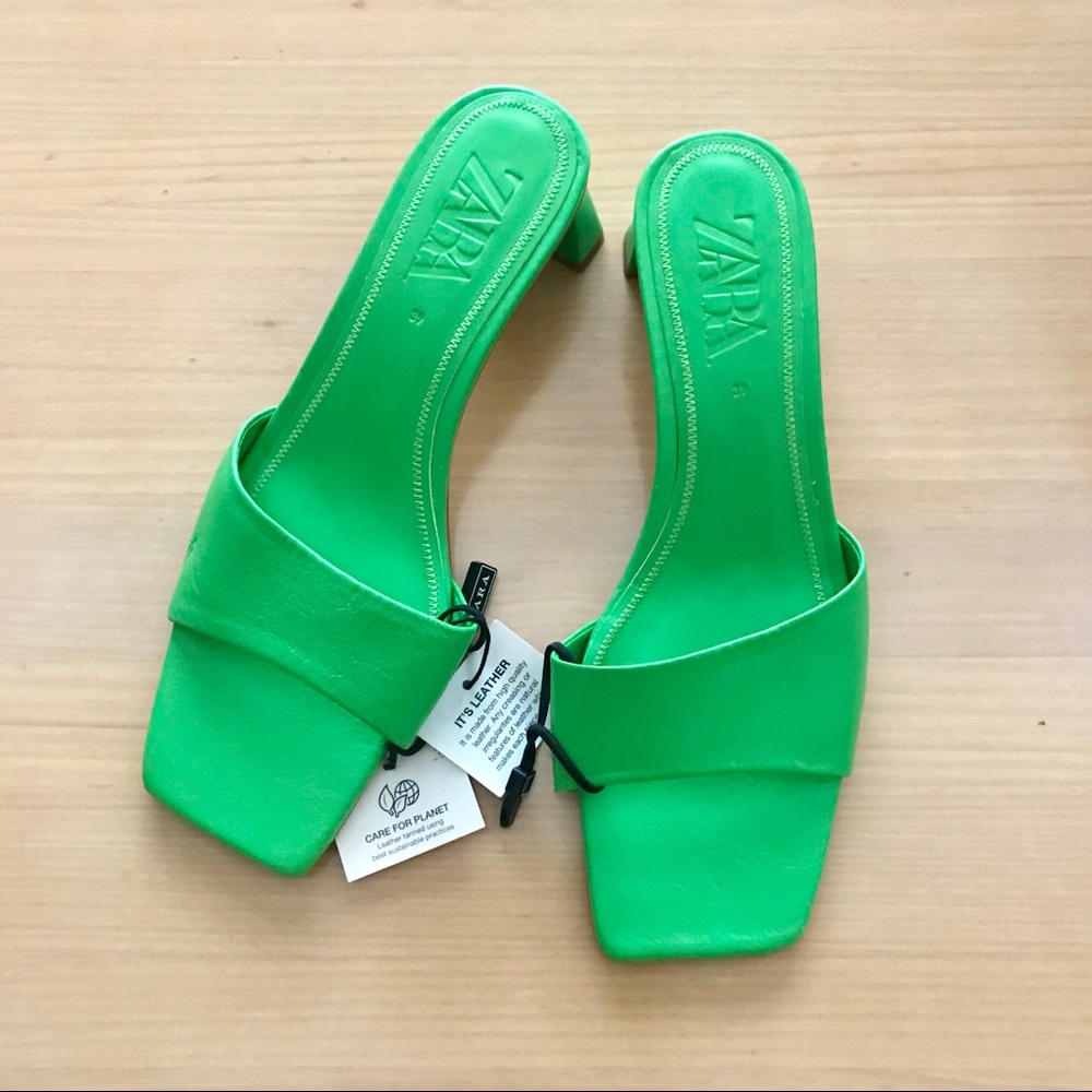 Zara green leather mule sandals blogger favorite - Picture 1 of 8